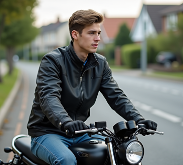 Jeune homme sur une moto 50cc dans un quartier résidentiel