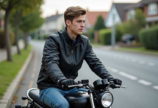 Jeune homme sur une moto 50cc dans un quartier résidentiel