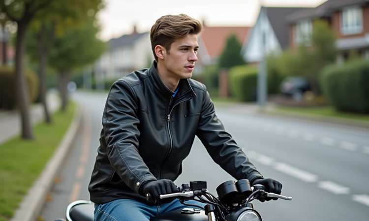 Jeune homme sur une moto 50cc dans un quartier résidentiel