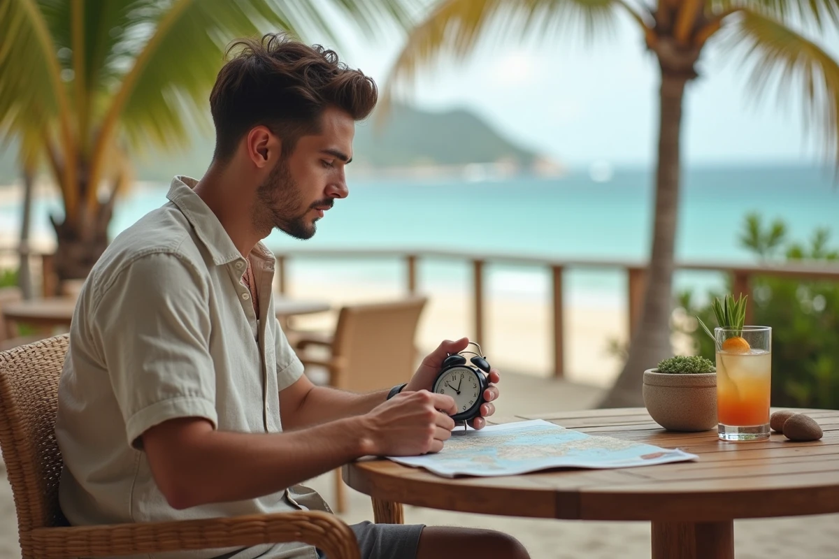 Jeune homme ajustant une horloge de voyage sur une terrasse face à la plage