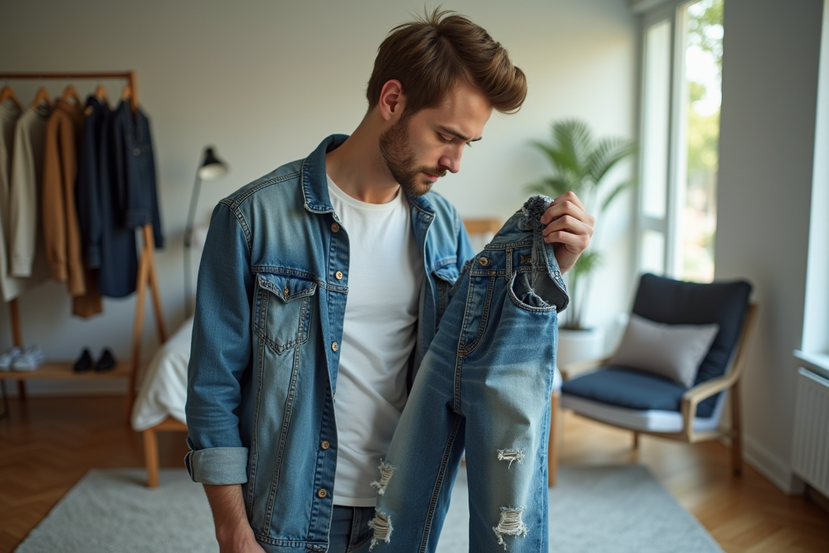 Jeune homme inspectant un jean déchiré dans une chambre lumineuse