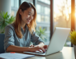 Jeune professionnel souriant vérifiant ses emails sur un ordinateur dans un bureau lumineux