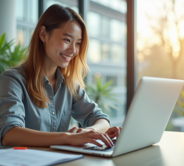 Jeune professionnel souriant vérifiant ses emails sur un ordinateur dans un bureau lumineux