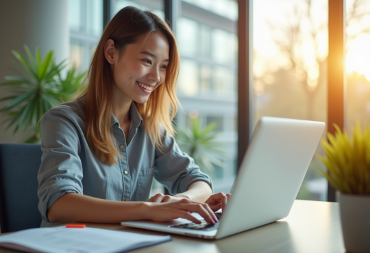 Jeune professionnel souriant vérifiant ses emails sur un ordinateur dans un bureau lumineux