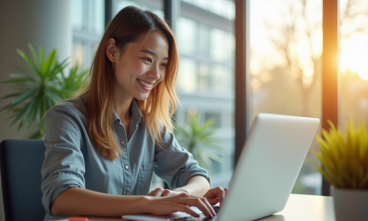 Jeune professionnel souriant vérifiant ses emails sur un ordinateur dans un bureau lumineux