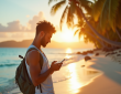 Jeune voyageur regardant l'heure sur son téléphone sur une plage tropicale en Martinique