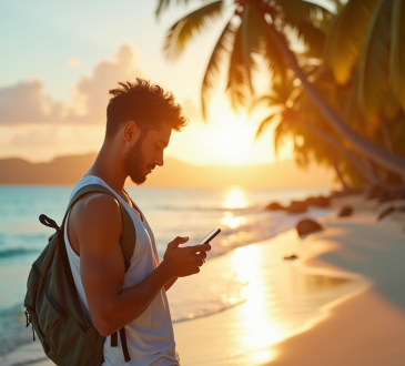 Jeune voyageur regardant l'heure sur son téléphone sur une plage tropicale en Martinique