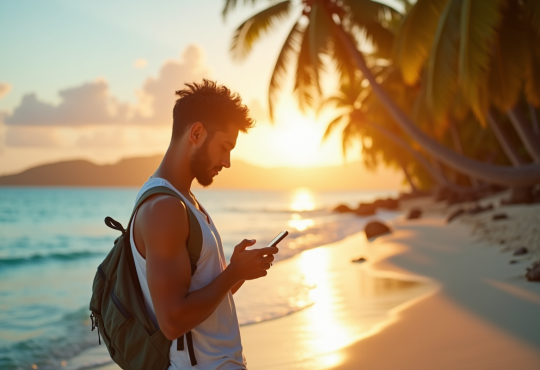 Jeune voyageur regardant l'heure sur son téléphone sur une plage tropicale en Martinique
