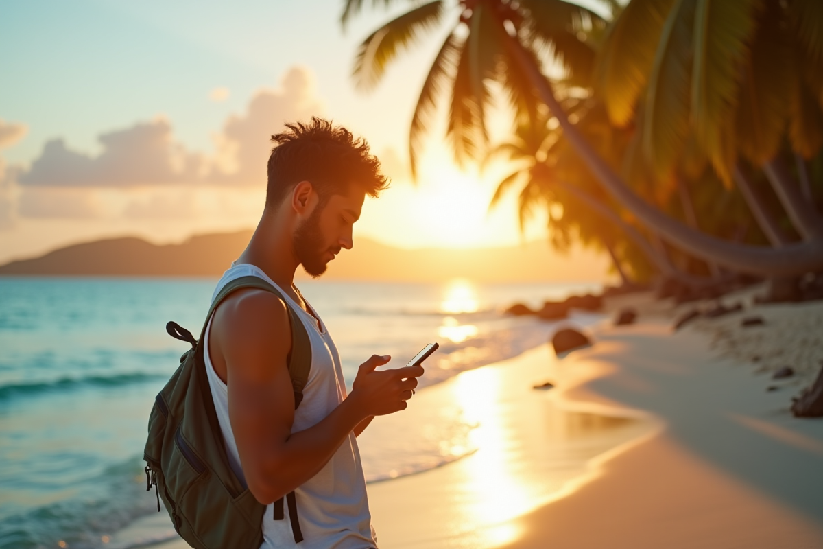 Jeune voyageur regardant l'heure sur son téléphone sur une plage tropicale en Martinique