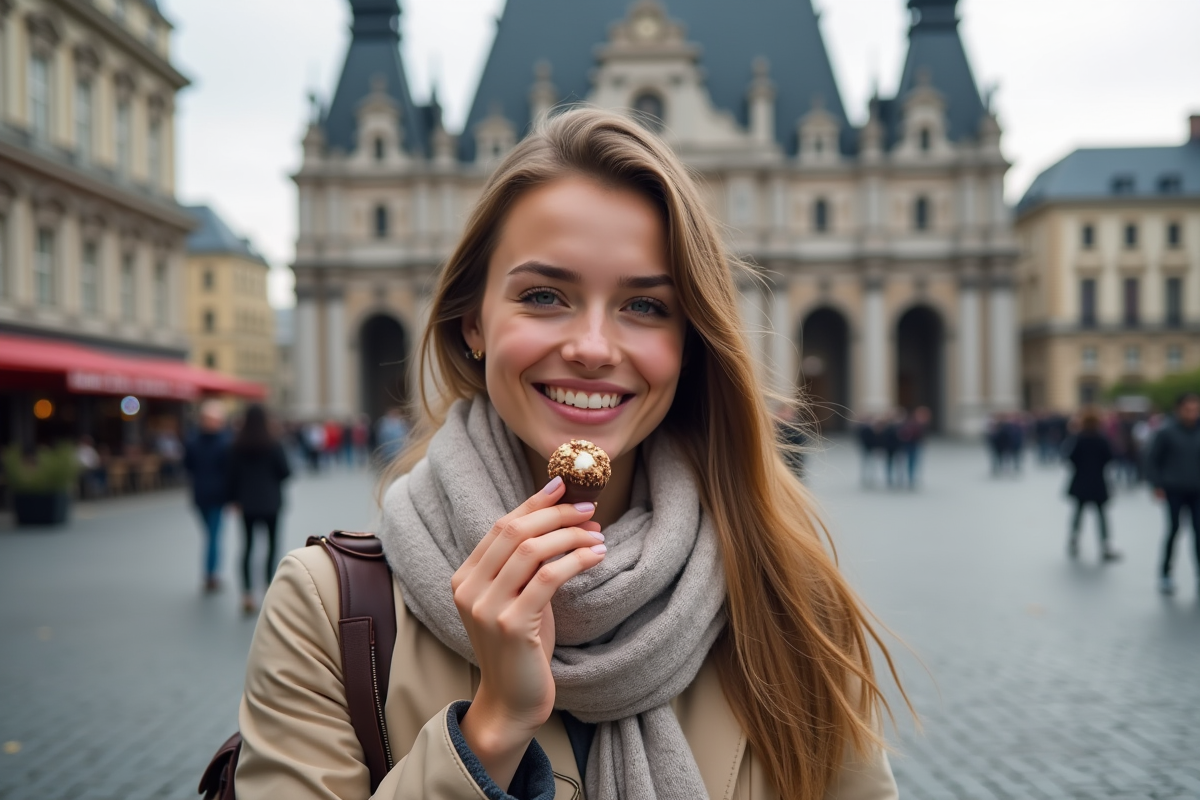Jeune voyageuse dégustant une truffe en scène urbaine européenne