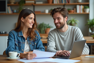 Jeunes adultes discutant de documents de location dans un appartement lumineux