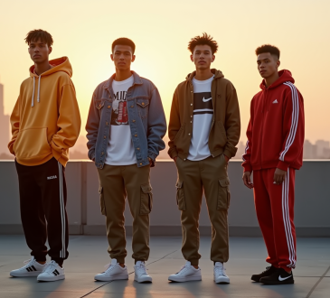 Jeunes adultes en streetwear sur un rooftop urbain au coucher du soleil