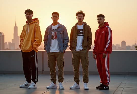 Jeunes adultes en streetwear sur un rooftop urbain au coucher du soleil