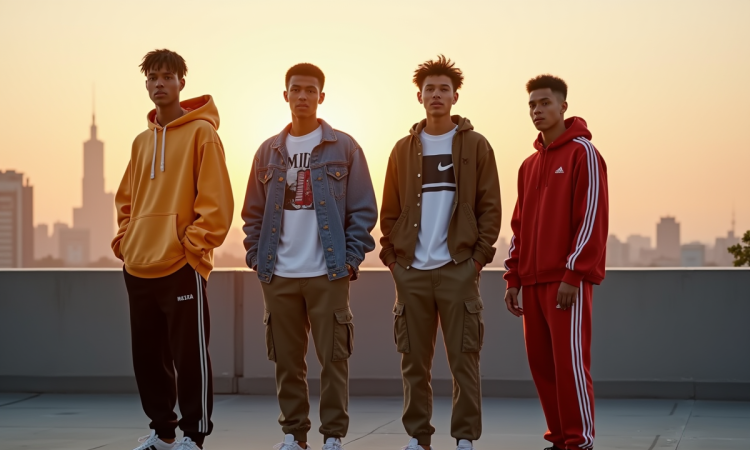 Jeunes adultes en streetwear sur un rooftop urbain au coucher du soleil