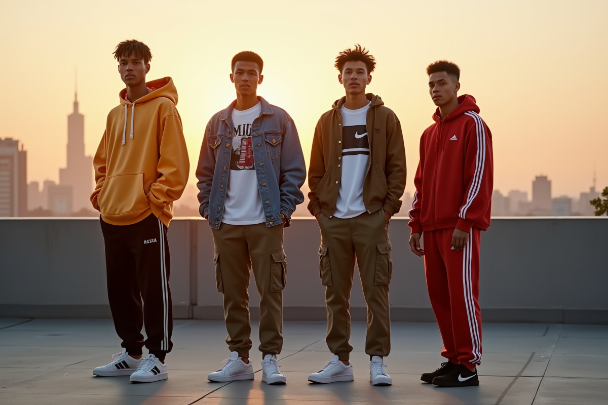 Jeunes adultes en streetwear sur un rooftop urbain au coucher du soleil