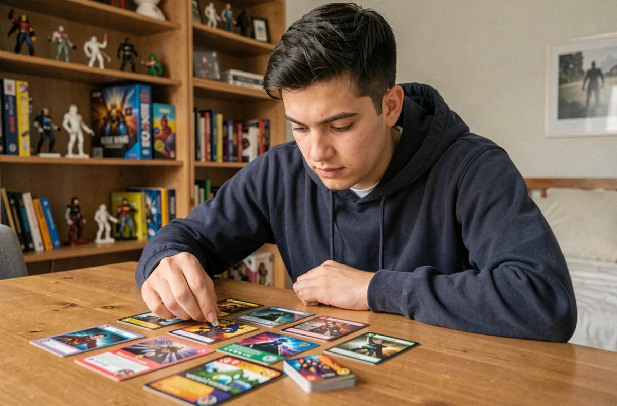 Joueur adulte examinant des cartes Pokémon sur une table en bois dans une chambre de collectionneur