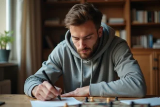 Homme concentré analysant une partie de jeu de stratégie bloquée sur une table en bois avec des notes manuscrites