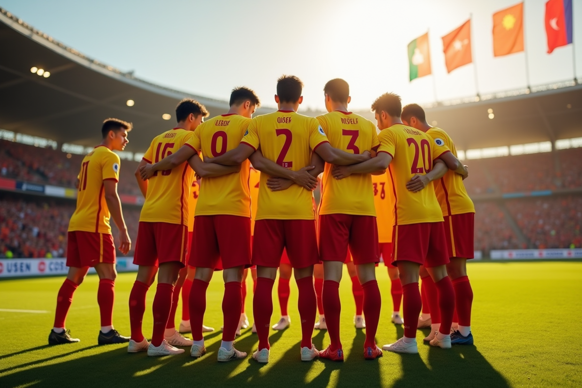 Joueurs de RC Lens en équipe sur le terrain en journée concentrés