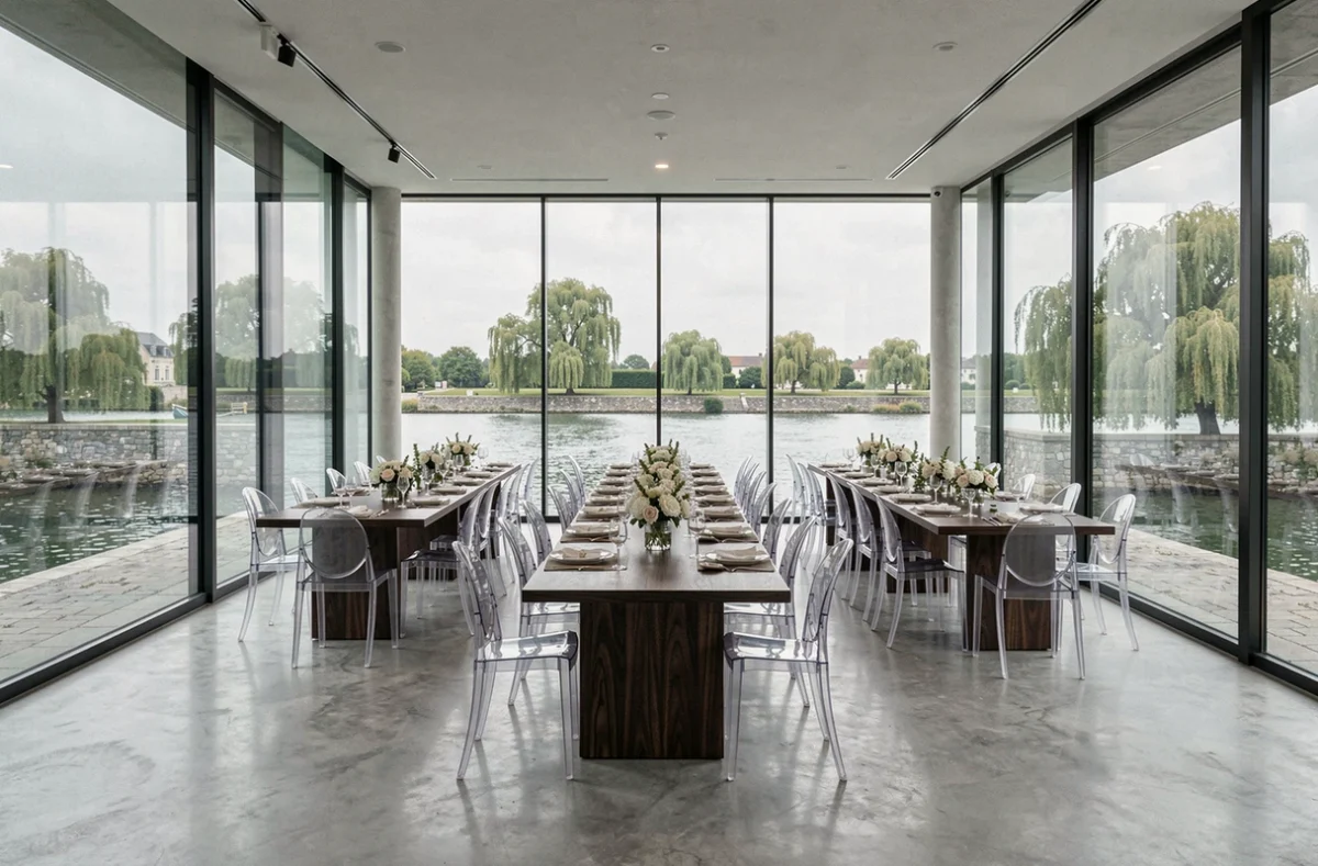 Salle de réception Le Joyau de la Marne à Bry-sur-Marne, avec vue panoramique sur la Marne au travers de grandes baies vitrées lors d'un banquet de mariage.