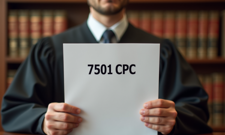 Juge tenant un document 7501 CPC en salle d'audience