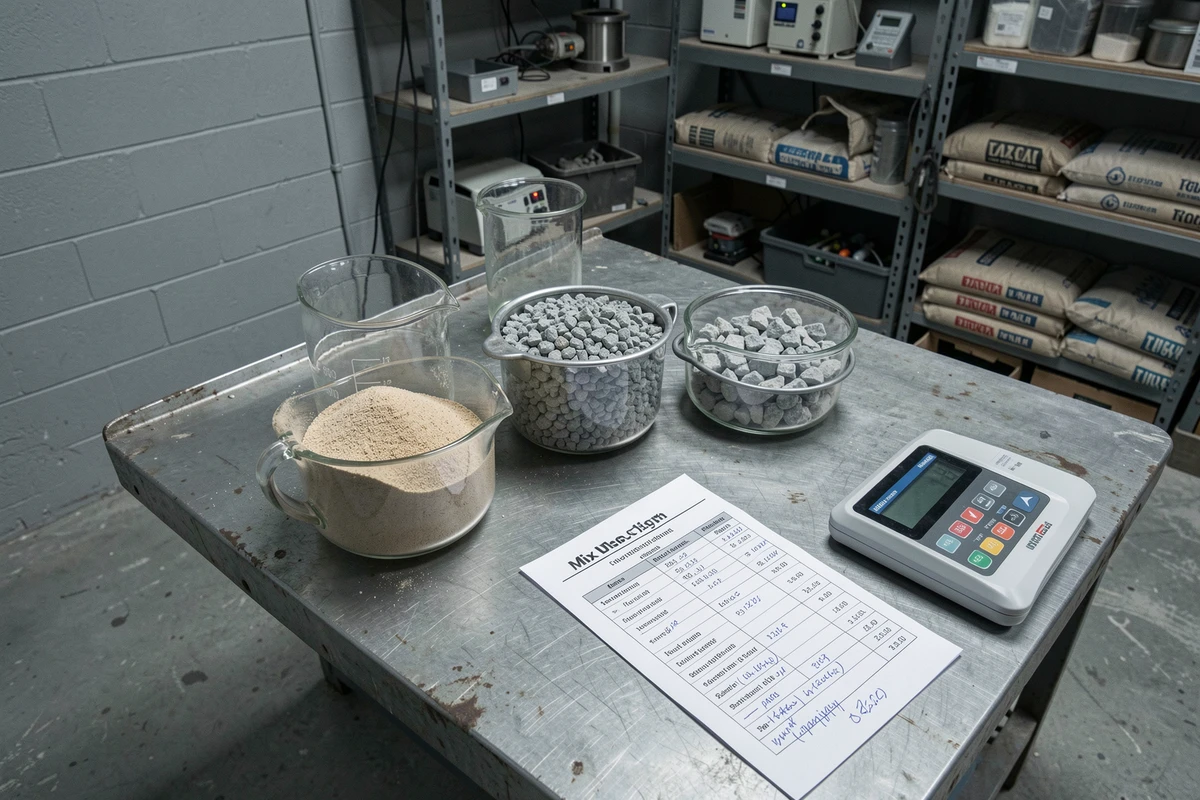 Laboratoire de dosage béton avec granulats variés, tamis et fiche de formulation sur table en acier
