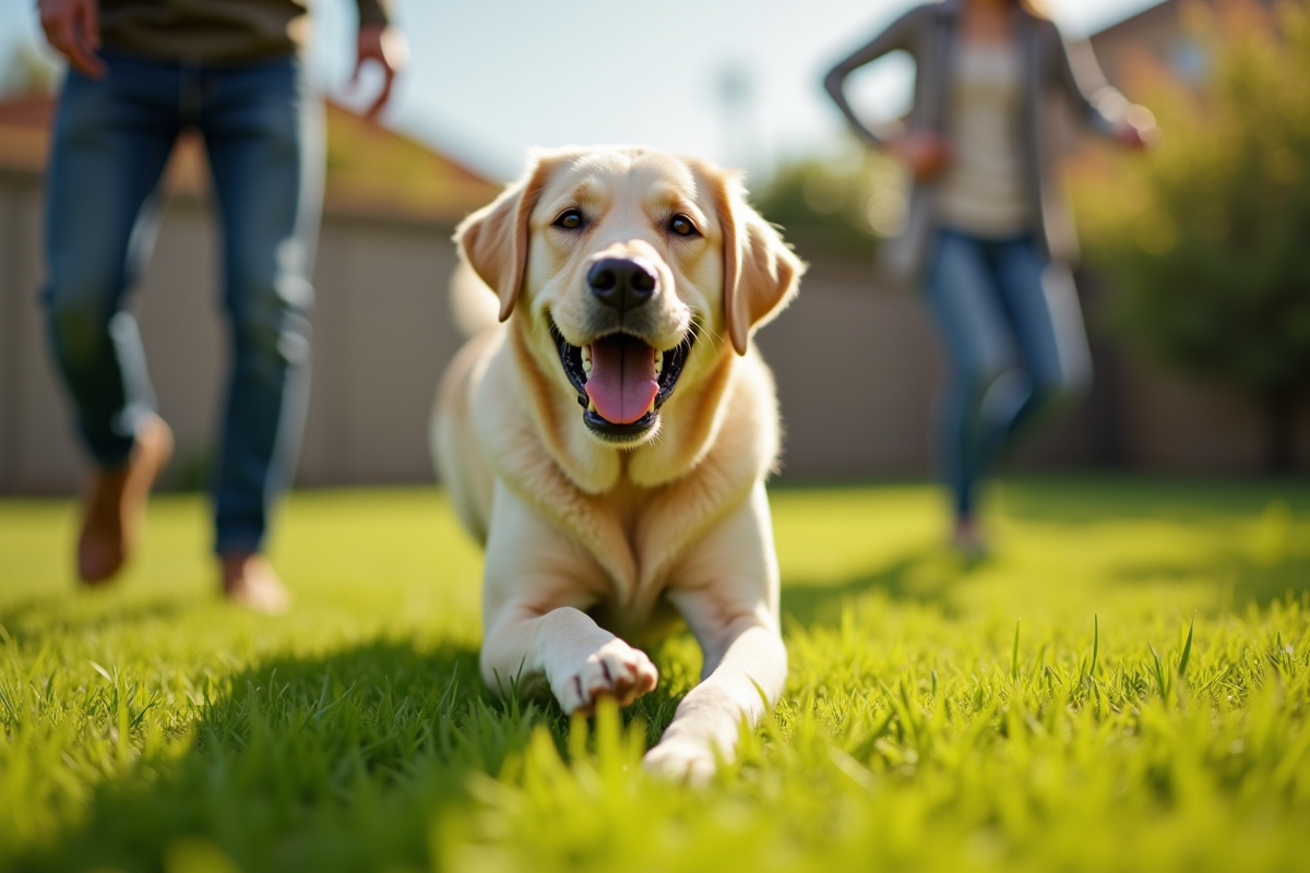 Labrador jouant avec une famille dans le jardin