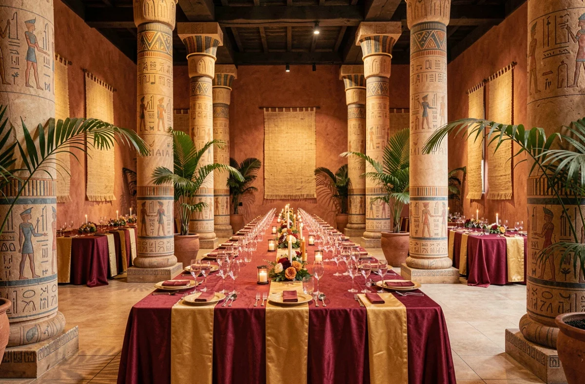 Salle de réception Le Pharaon avec décoration thème égyptien, colonnes et tables dressées en Isère