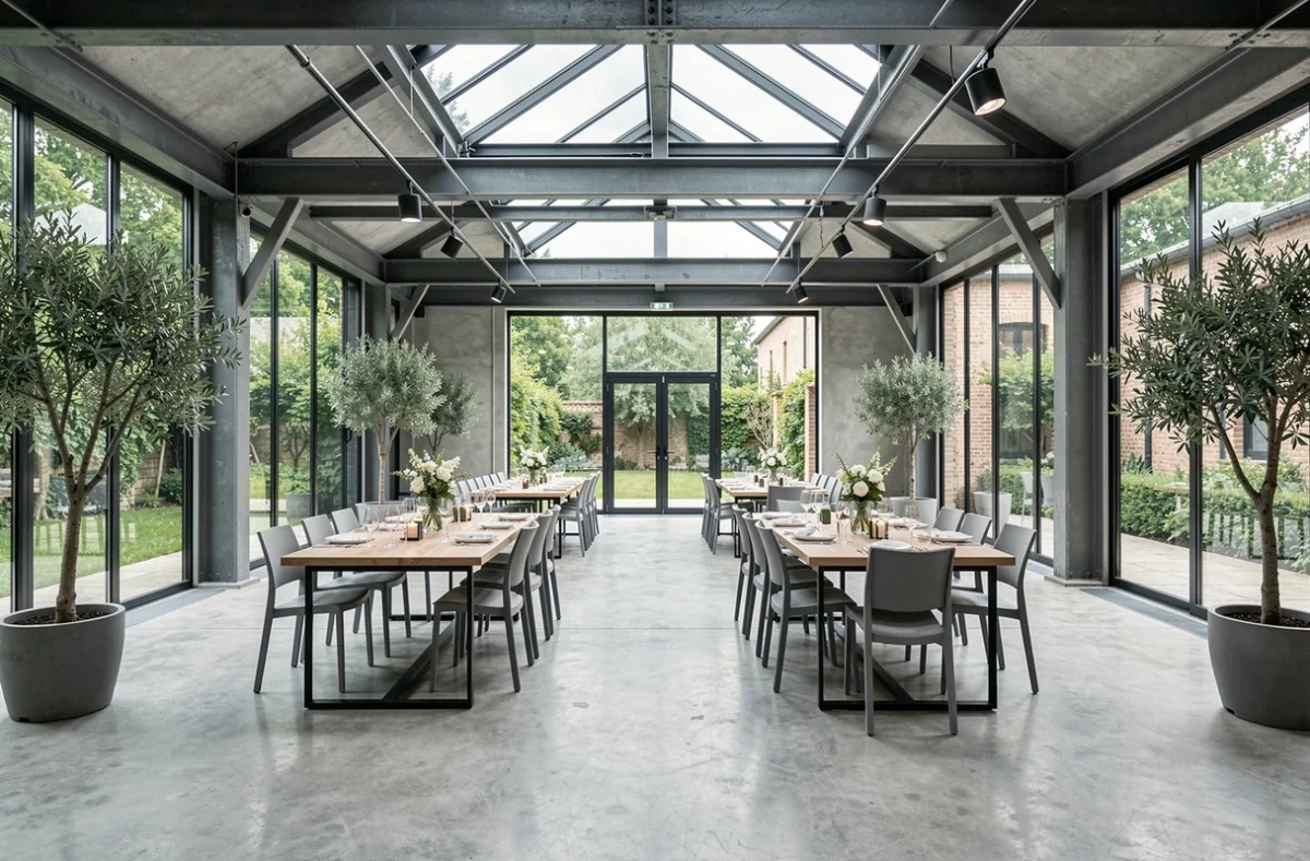 Intérieur contemporain de Le Recept, salle de réception modulable avec grandes baies vitrées en Isère