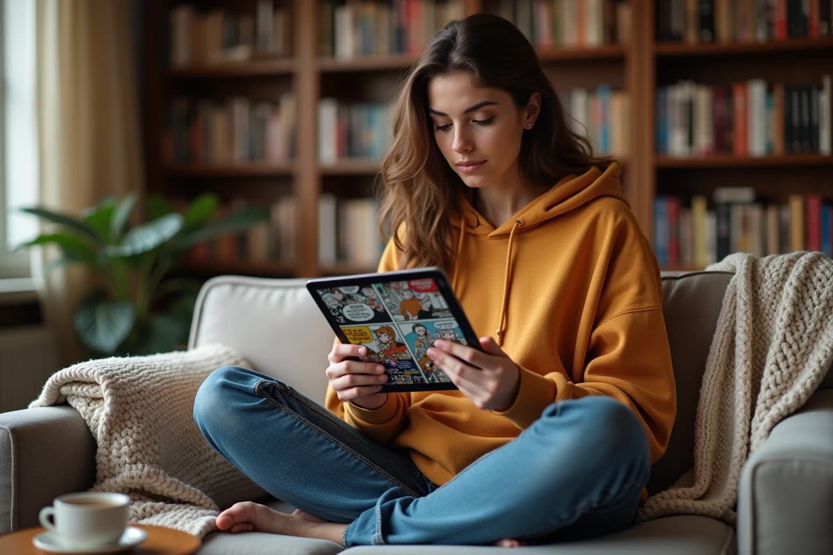 Jeune femme française lisant du manga sur tablette dans un appartement parisien entouré de volumes manga