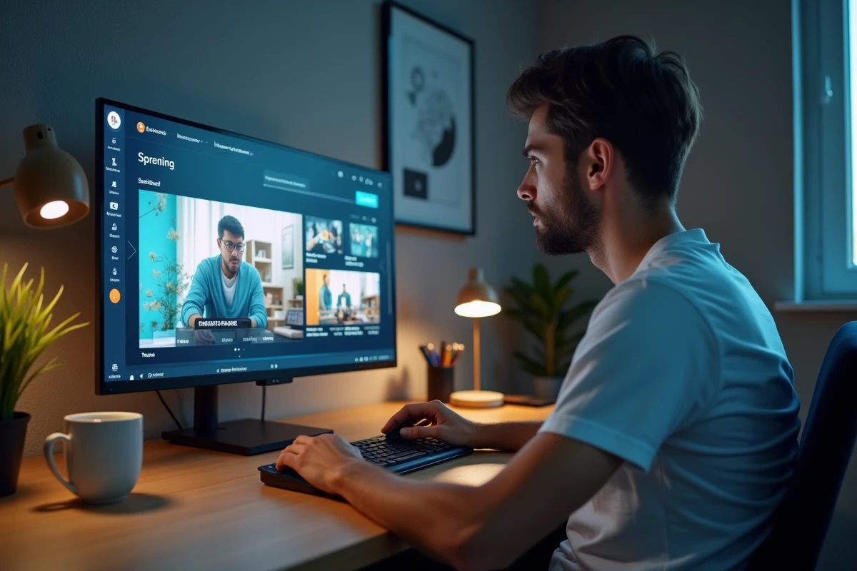 Homme consultant un site de cinéma gratuit en ligne sur son ordinateur de bureau dans un bureau minimaliste moderne