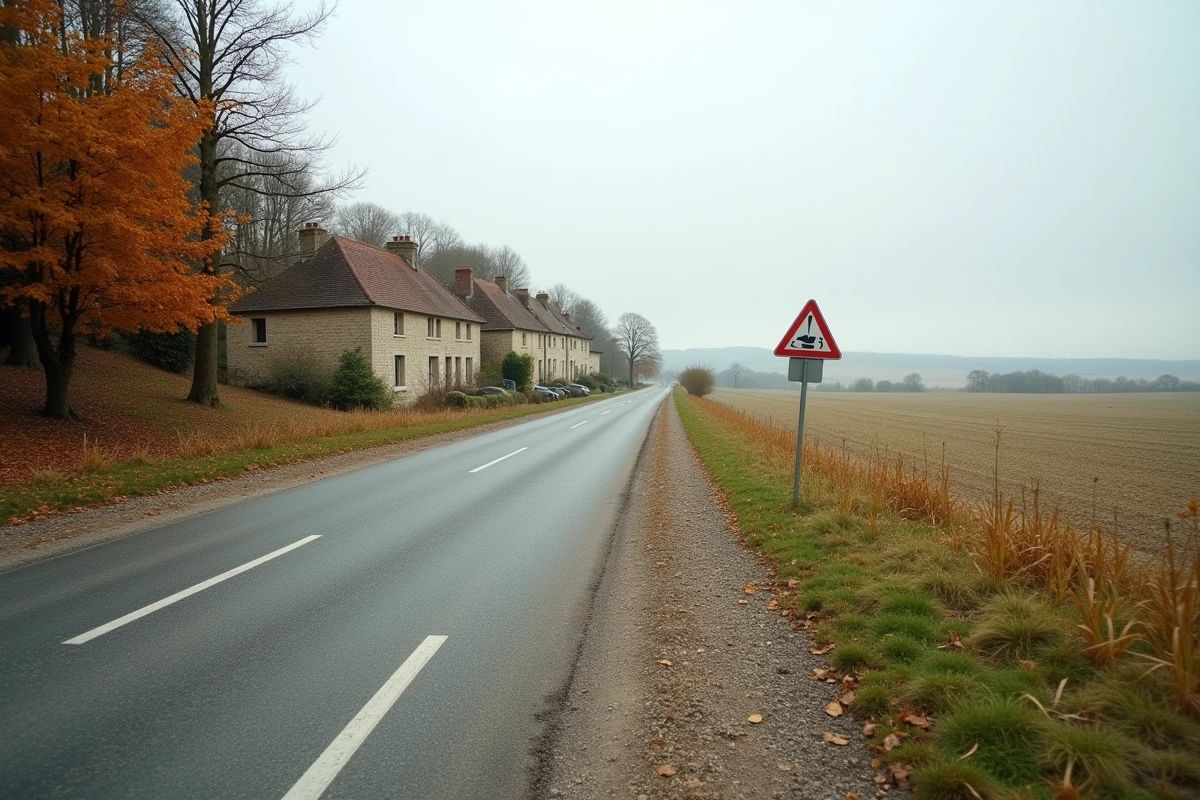 Limite administrative d'une commune française entre village en pierre et champs agricoles à l'automne