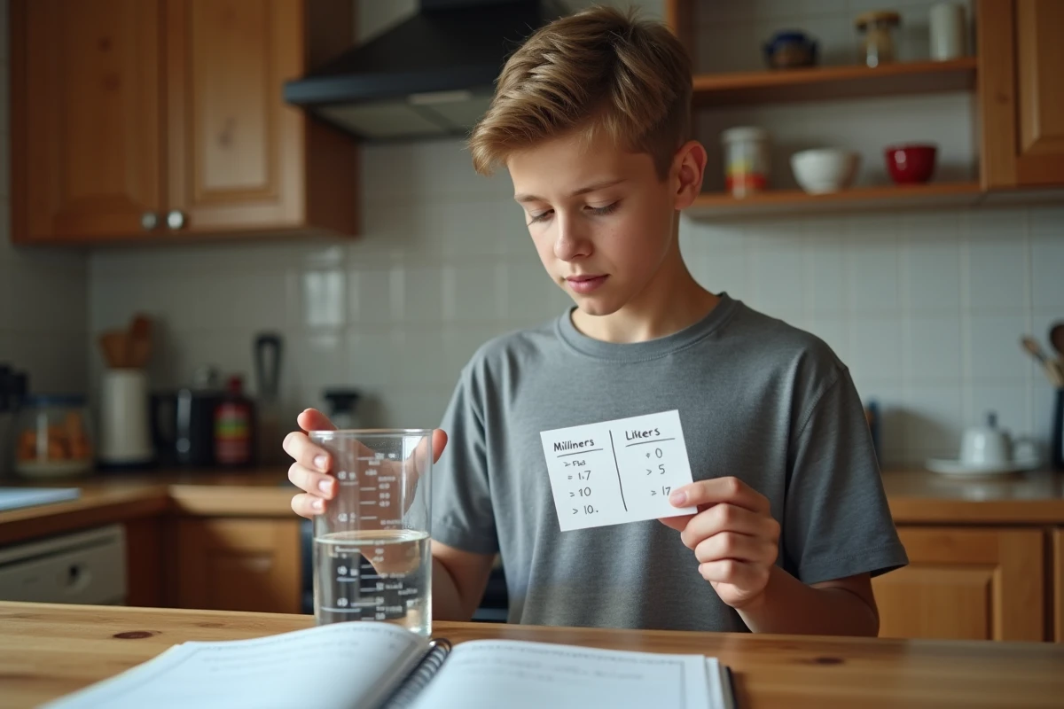 Lycéen qui mesure des volumes en millilitres avec un verre doseur dans une cuisine pour ses devoirs de conversion