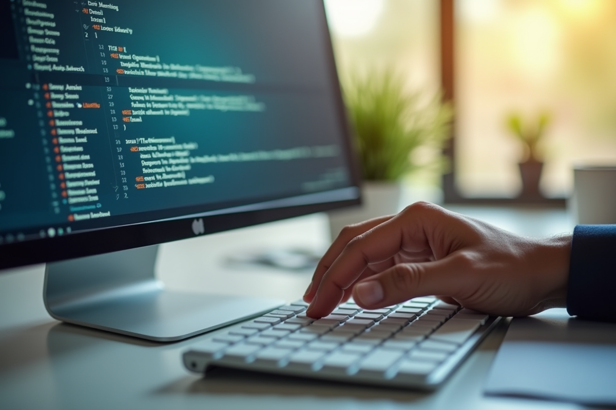 Main tapant sur un clavier avec écran d