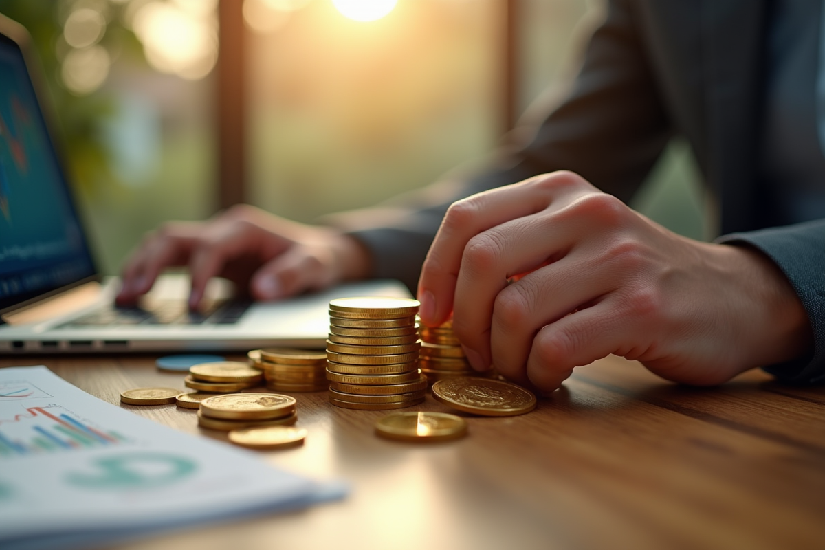 Mains empilant des pièces d or avec des graphiques financiers en arrière plan