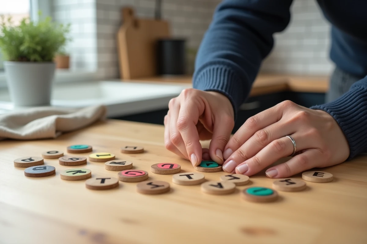 Mains adultes disposant des lettres de l'alphabet en bois coloré sur une table scandinave