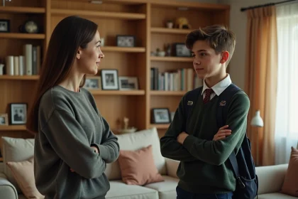 Femme et adolescente discutent dans un salon chaleureux