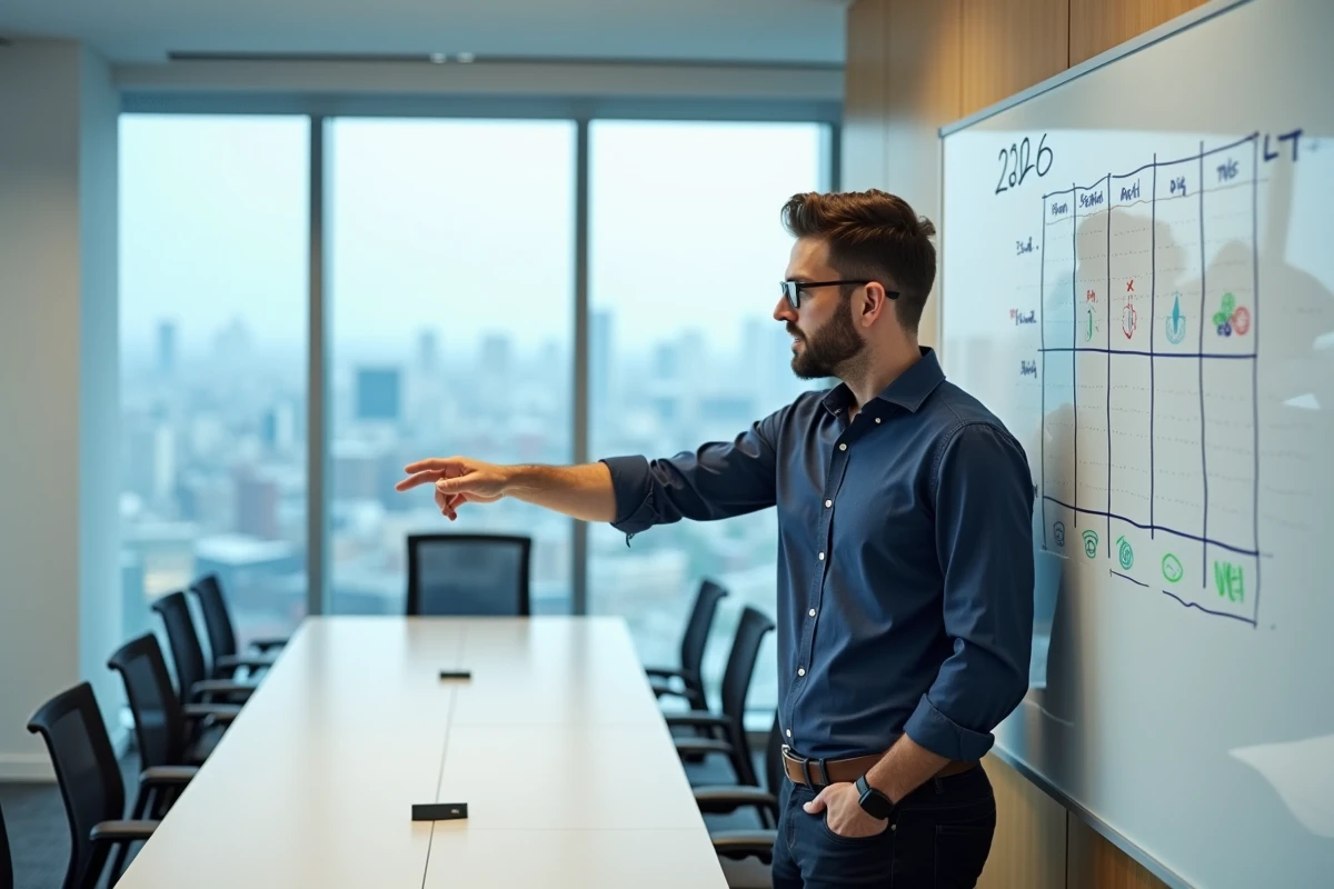 Manager présentant un planning trimestriel 2026 sur un tableau blanc en salle de réunion professionnelle