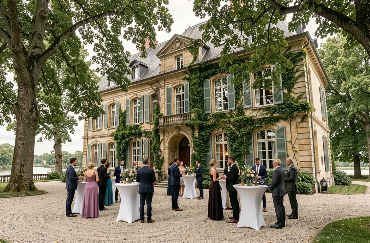Façade du Manoir de l'Île aux Loups à Nogent-sur-Marne, avec une réception en plein air dans la cour en gravier entourée d'arbres centenaires.