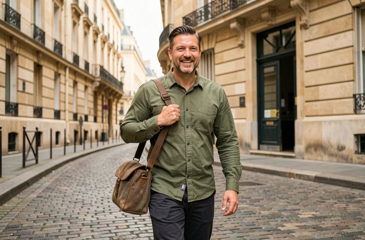 Plombier indépendant Manuel Guerreiro marchant dans une rue du centre de Paris avec son équipement professionnel