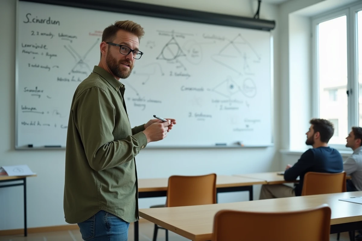 Médiateur scientifique devant un tableau blanc expliquant des notions complexes de manière accessible