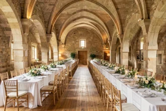 Vue intérieure d'une belle salle de réception en Isère, avec tables dressées et décoration élégante pour un événement
