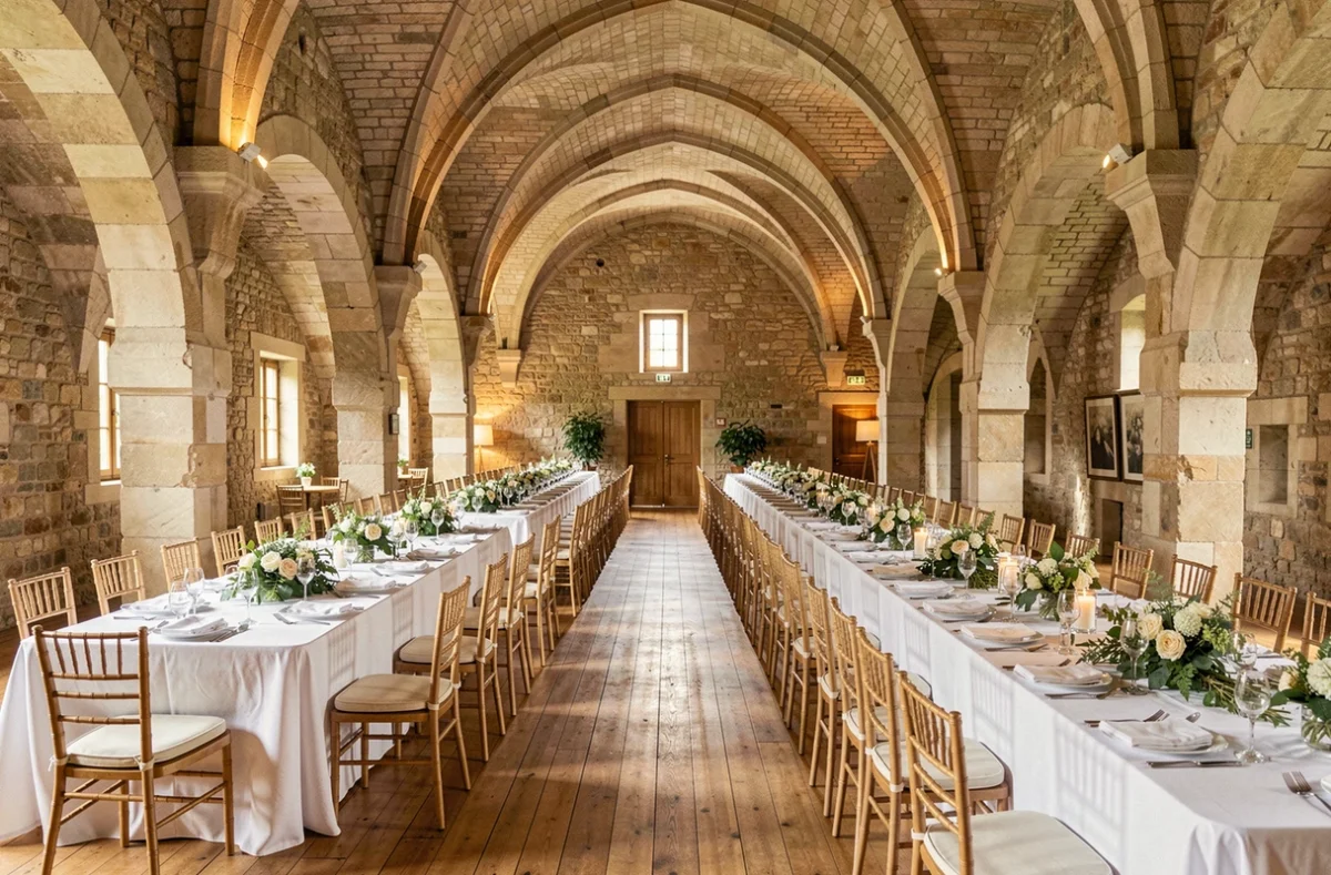 Vue intérieure d'une belle salle de réception en Isère, avec tables dressées et décoration élégante pour un événement