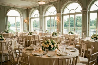 Vue d'ensemble d'une élégante salle de réception dans le Val-de-Marne, décorée pour un mariage avec tables rondes, fleurs blanches et chaises dorées.