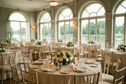 Vue d'ensemble d'une élégante salle de réception dans le Val-de-Marne, décorée pour un mariage avec tables rondes, fleurs blanches et chaises dorées.