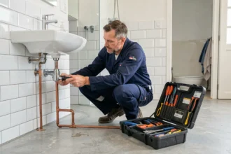 Plombier professionnel en train de travailler sur une installation de plomberie dans un appartement parisien rénové, représentant les meilleurs artisans plombiers d'Île-de-France