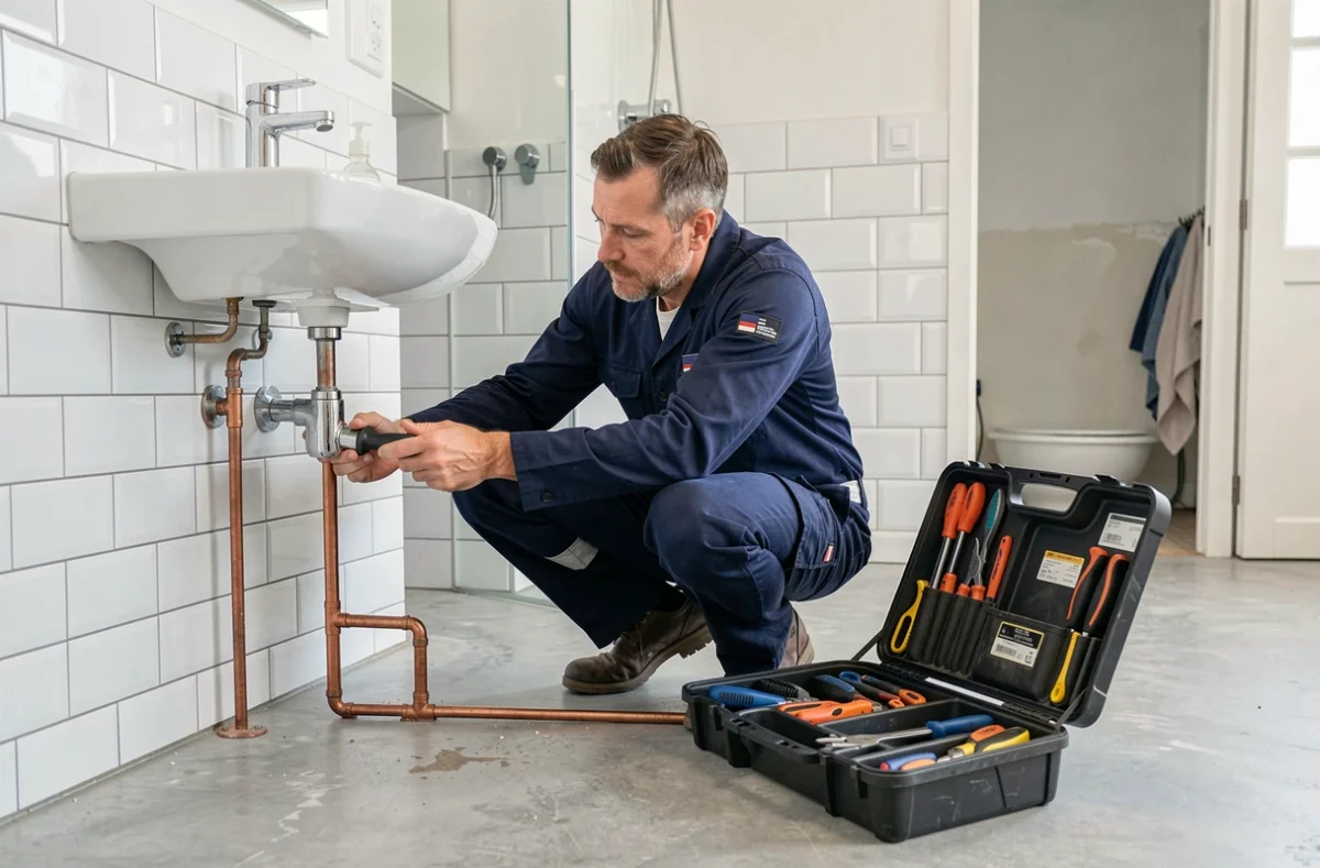 Plombier professionnel en train de travailler sur une installation de plomberie dans un appartement parisien rénové, représentant les meilleurs artisans plombiers d'Île-de-France