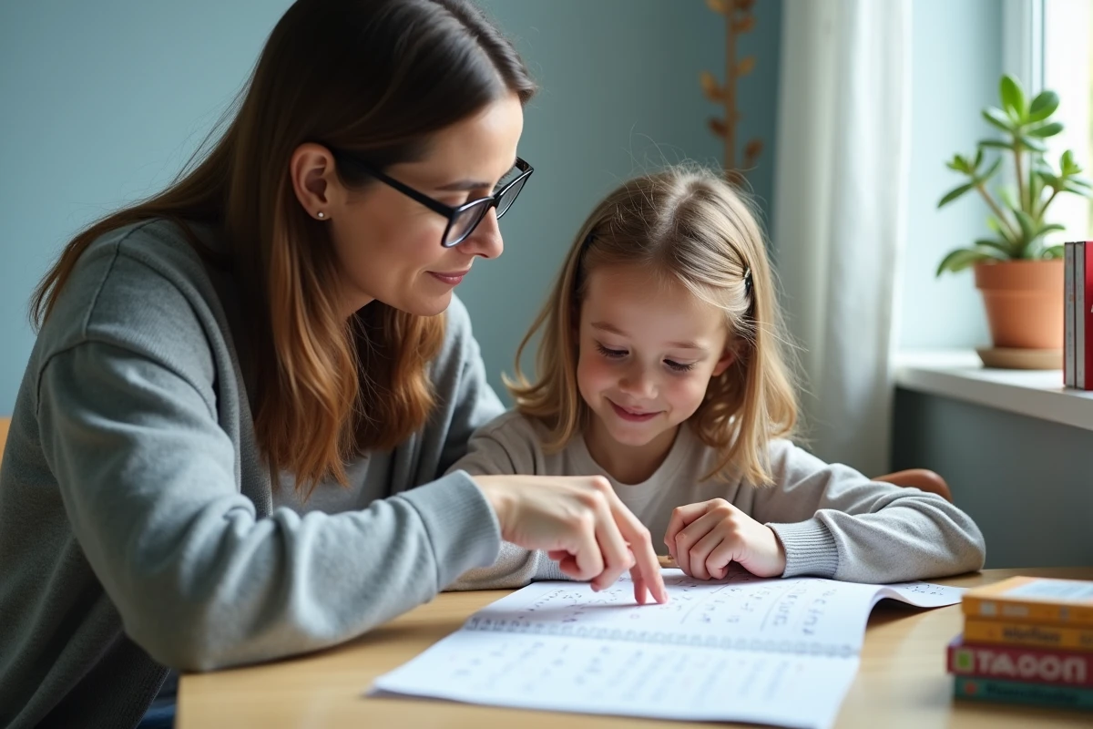Une mère aidant sa fille de 7 ans à deviner des mots compliqués au jeu du pendu dans un bureau à domicile