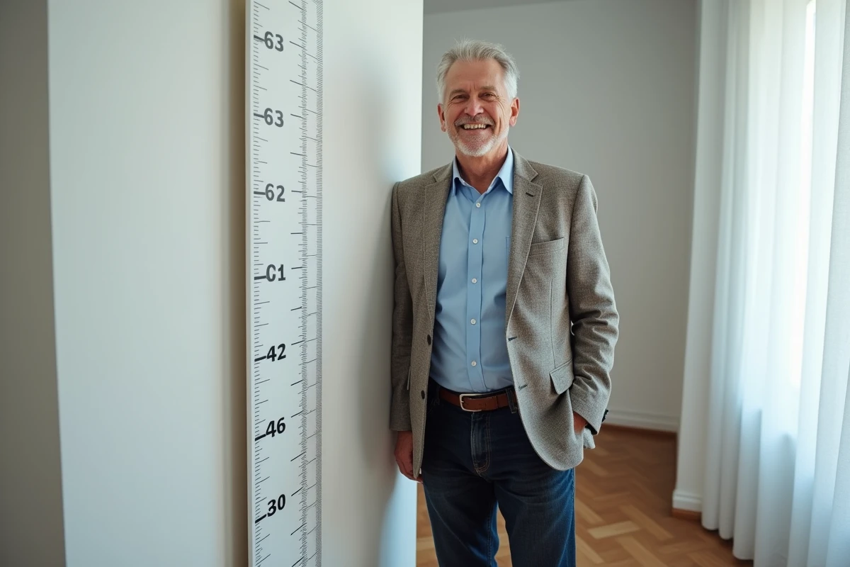 Homme mesuré contre un tableau de taille dans un intérieur minimaliste, illustrant la mesure de la taille en centimètres