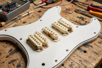 Gros plan sur trois micros Samarium Cobalt single-coil montés sur un pickguard de Stratocaster vintage posé sur un établi de luthier