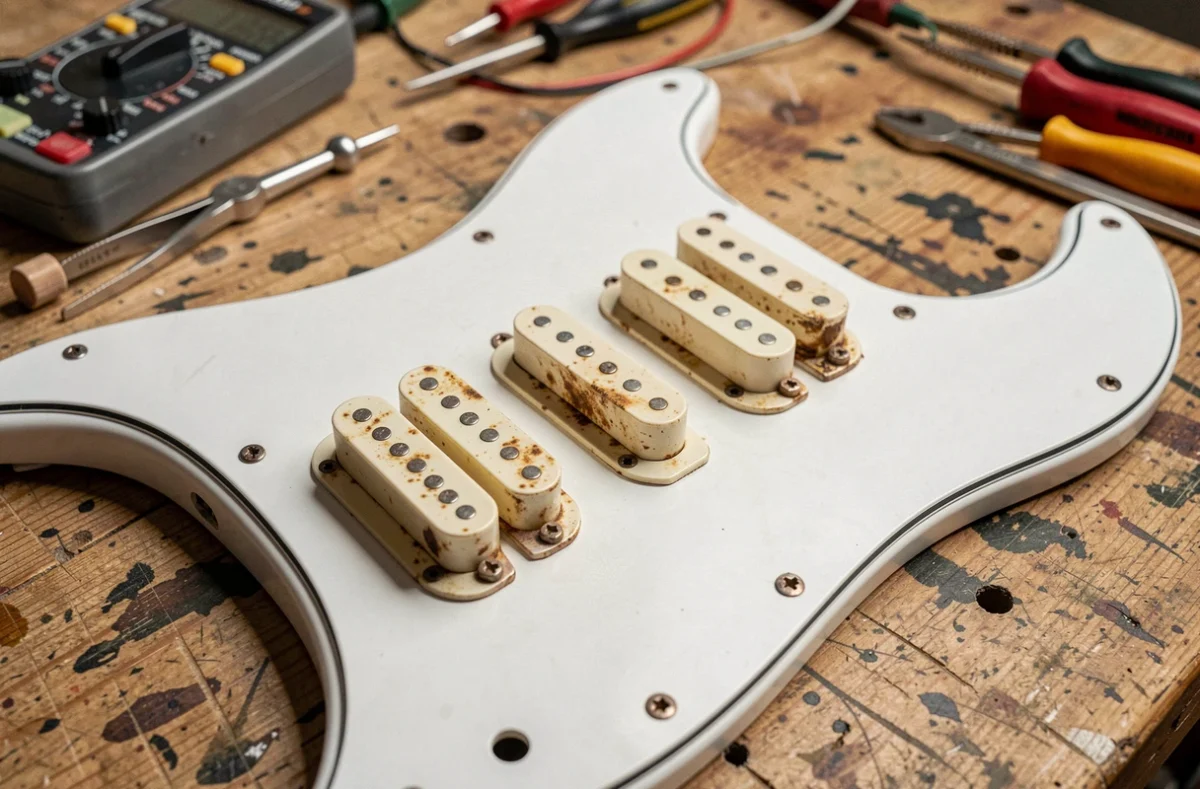 Gros plan sur trois micros Samarium Cobalt single-coil montés sur un pickguard de Stratocaster vintage posé sur un établi de luthier